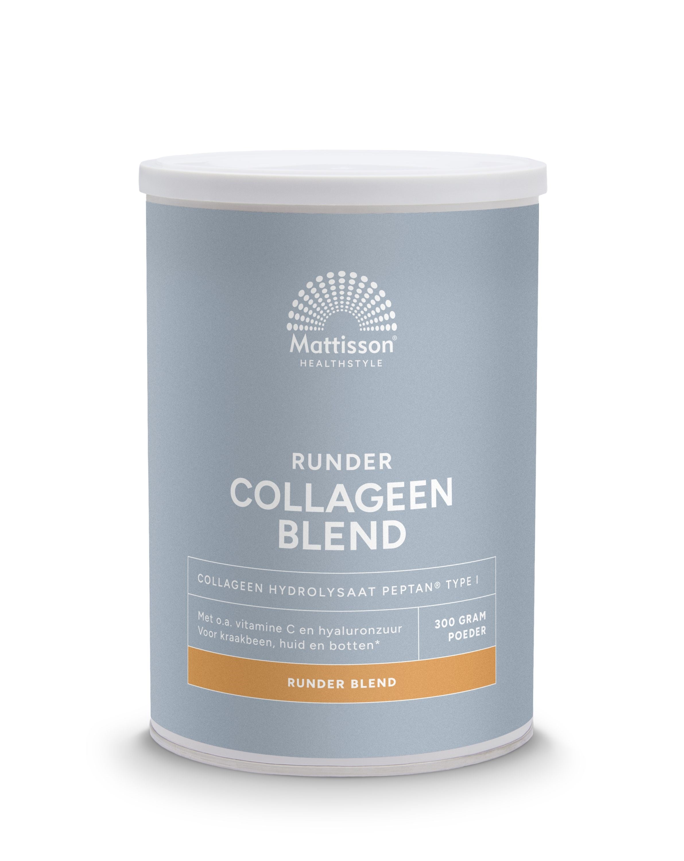 Mattisson Collagen Powder Blend Peptan in 300g container, showcasing the white collagen powder in a jar.