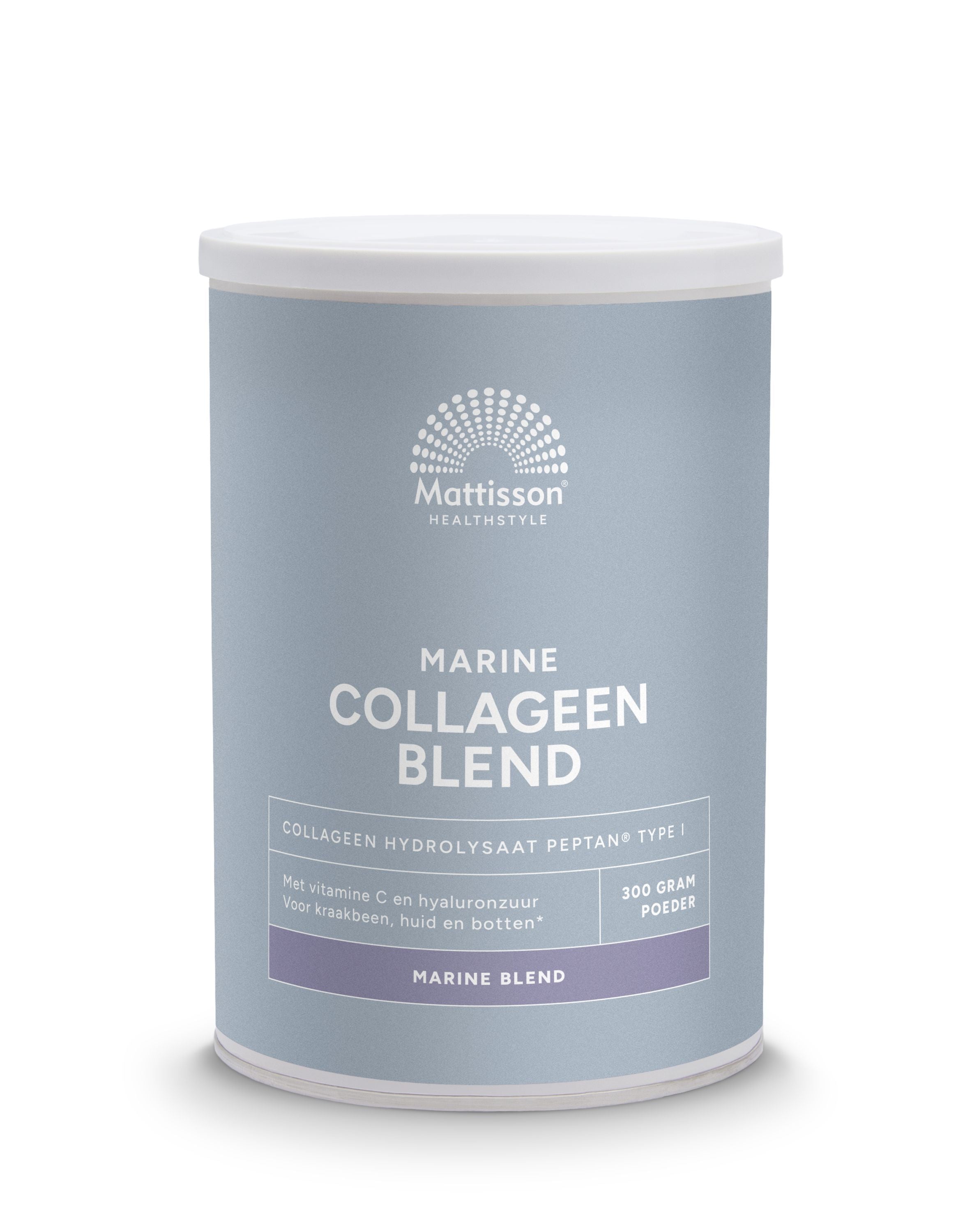 Mattisson Marine Vis Collageen Poeder Blend Peptan in 300g container, showing the product packaging and label.