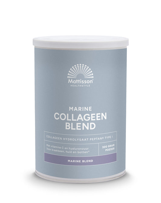 Mattisson Marine Vis Collageen Poeder Blend Peptan in 300g container, showing the product packaging and label.