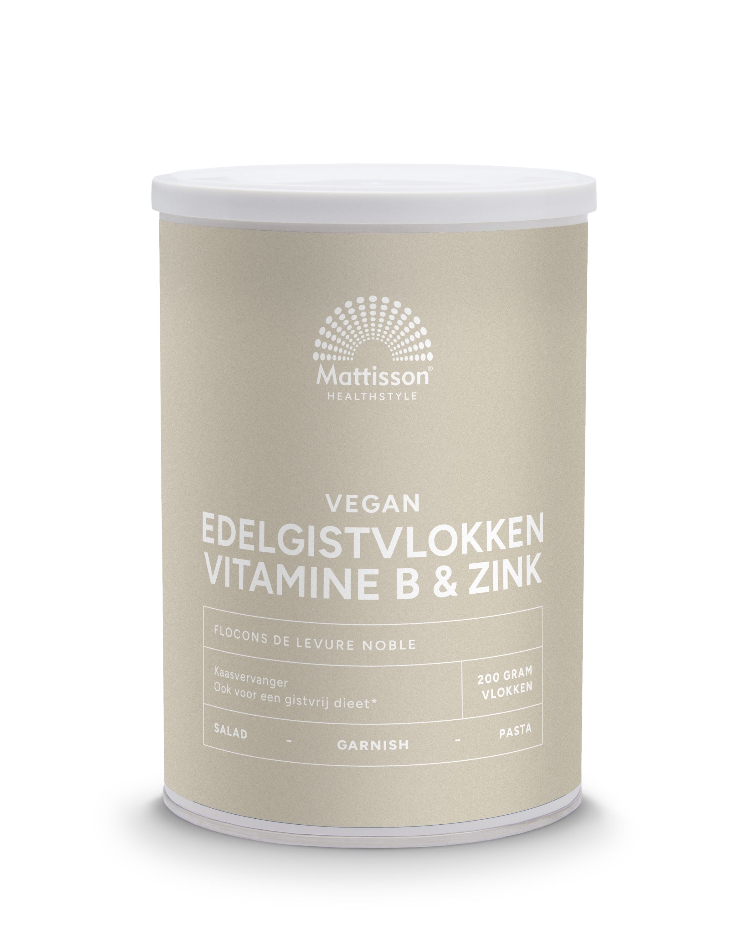 Mattisson Edelgistvlokken with vitamin B12 and zinc in a 200g package, used as baking mix or flour alternative.