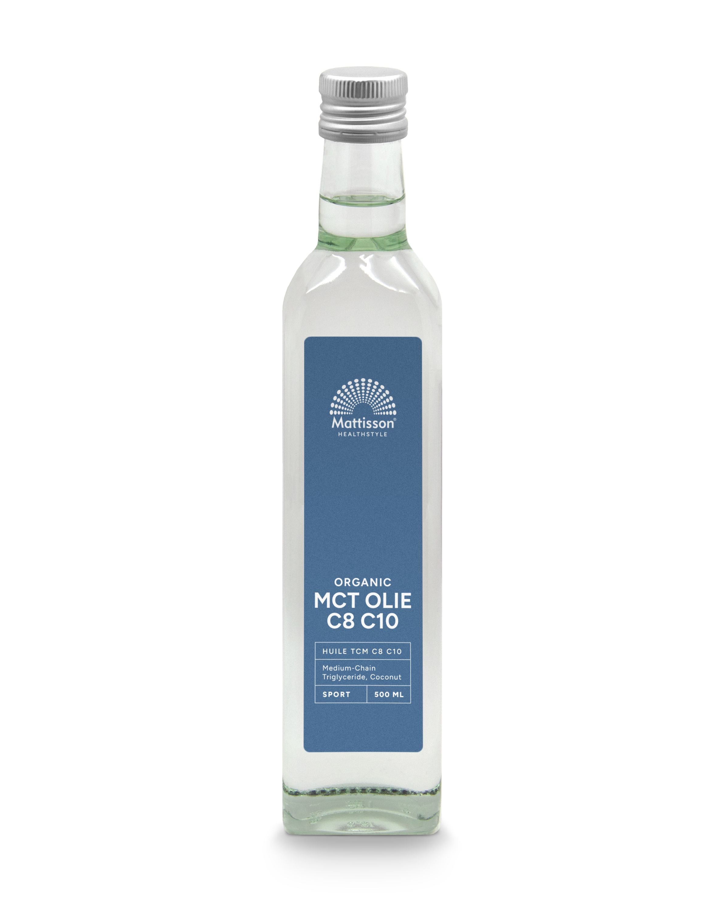 Organic Mattisson MCT oil C8 C10 blend in a 500ml bottle, showing the clear, golden liquid inside the eco-friendly packaging.