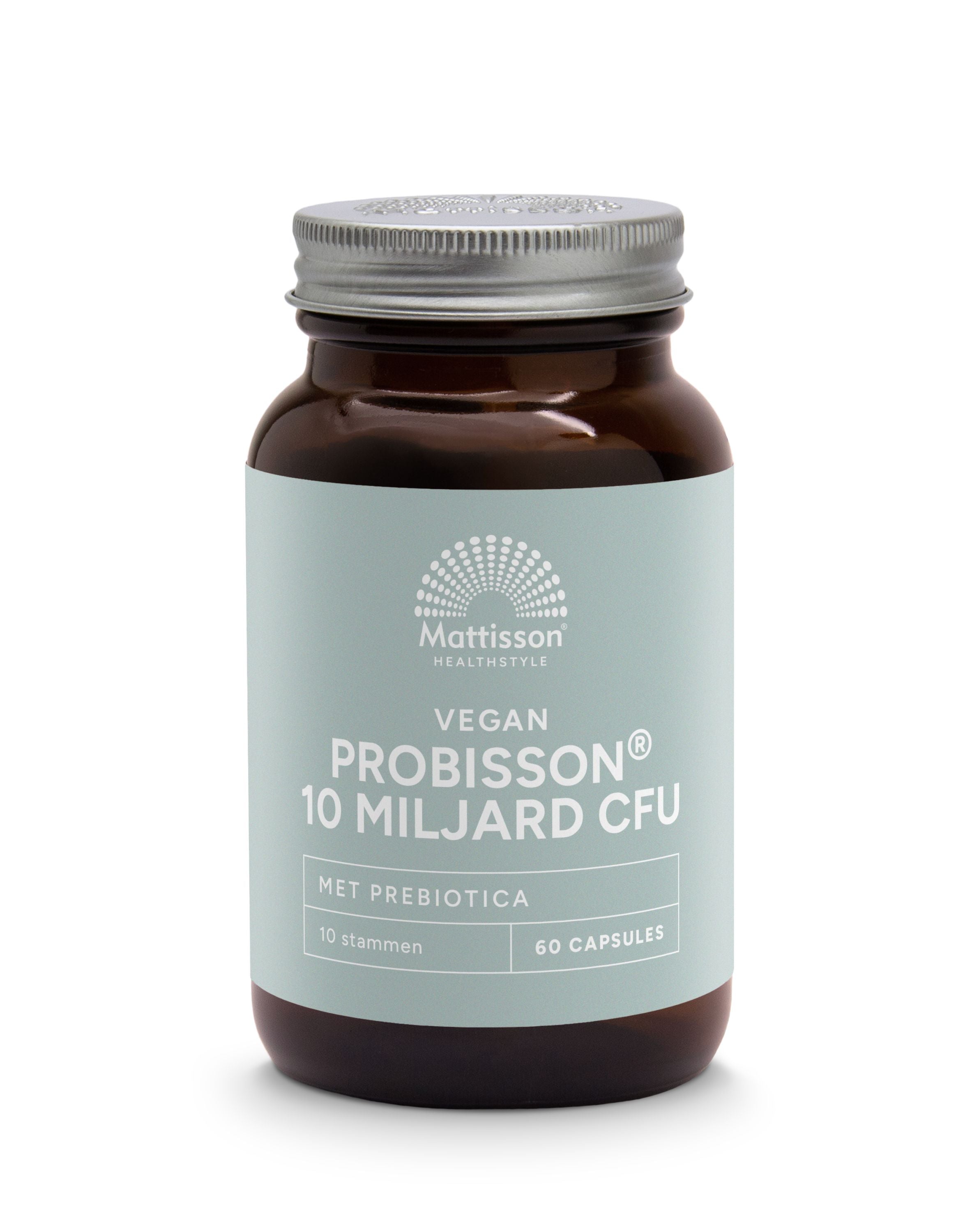 Mattisson Probisson 10 miljard CFU micro-organismen in vegetarian capsules with prebiotics, dietary supplement for gut health.