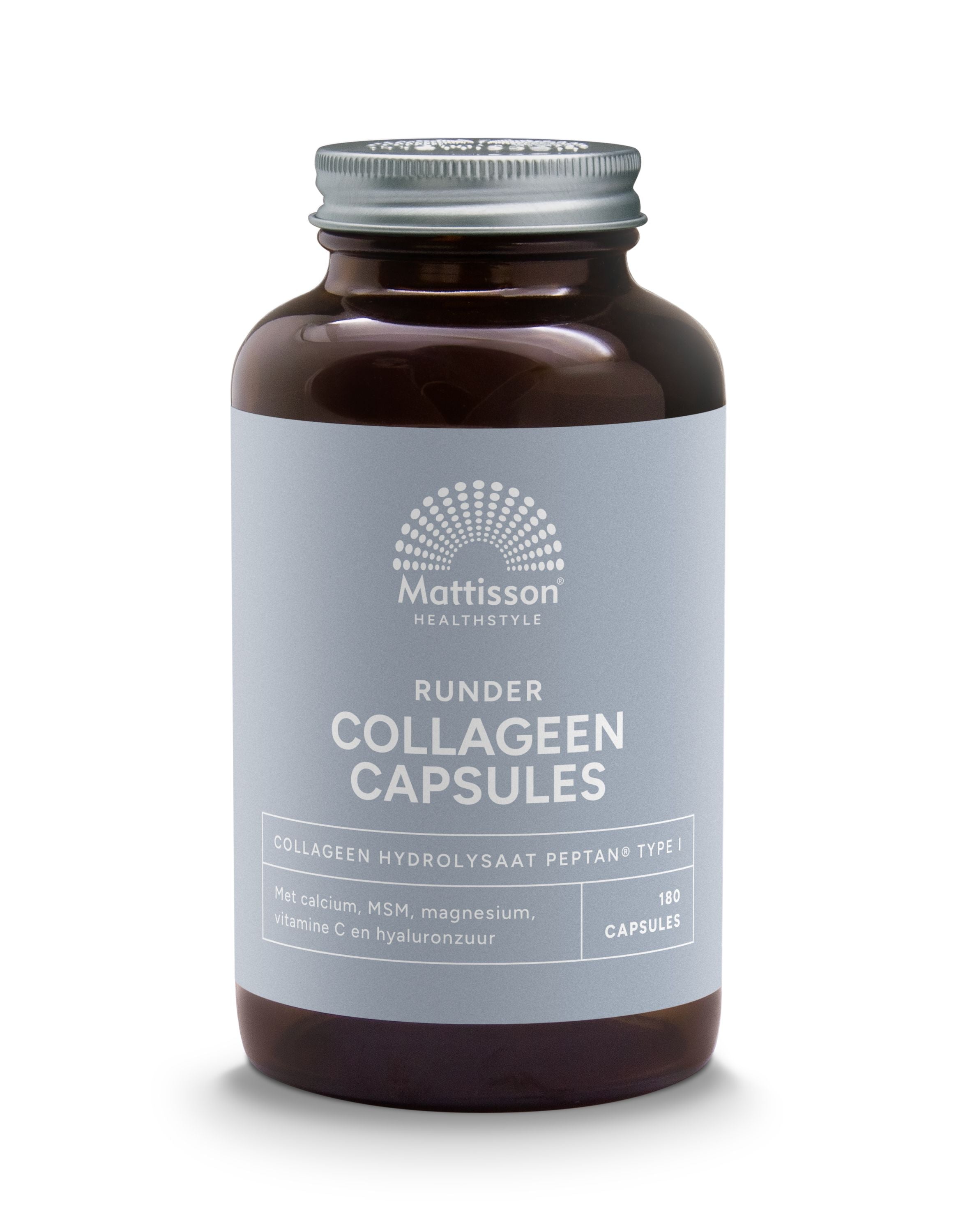 Mattisson Collagen Peptan Type 1 capsules, 180 count, dietary supplement with white and blue packaging.