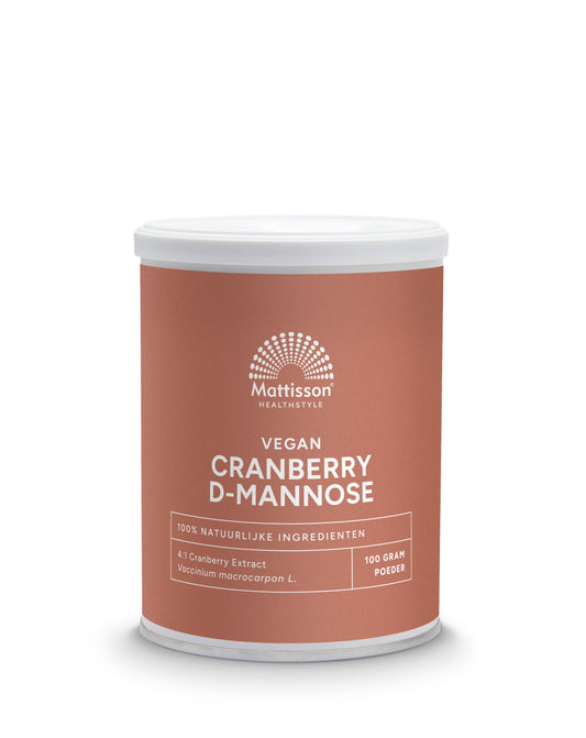 Mattisson Cranberry D-Mannose powder in a 100g container, herbal supplement for urinary health, with a close-up of the product packaging.