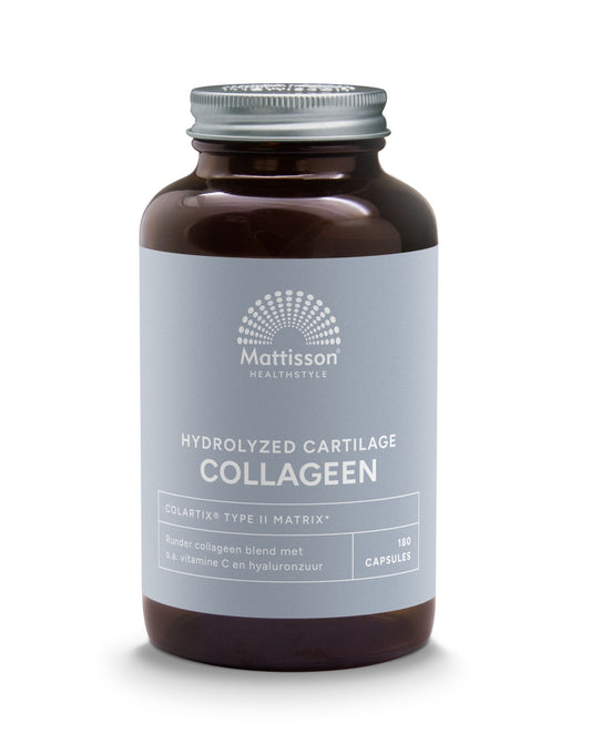 Mattisson Collageen Peptan Type IIm vegetarian capsules, dietary supplement for joint and skin health, shown in the image.