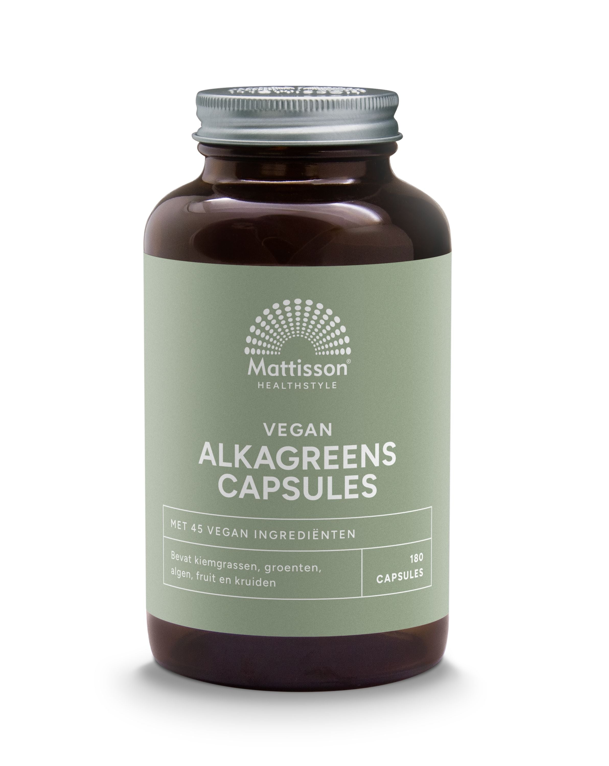 Mattisson Vegan Alkagreens capsules, 540mg, vegetarian dietary supplement in clear capsule form.