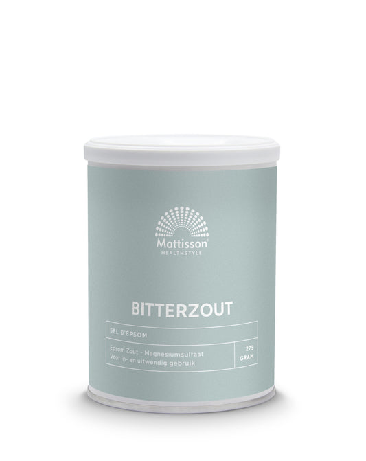 Mattisson Bitterzout epsom zout magnesiumsulfaat 275g, herbal mineral salt for relaxation and bath use.