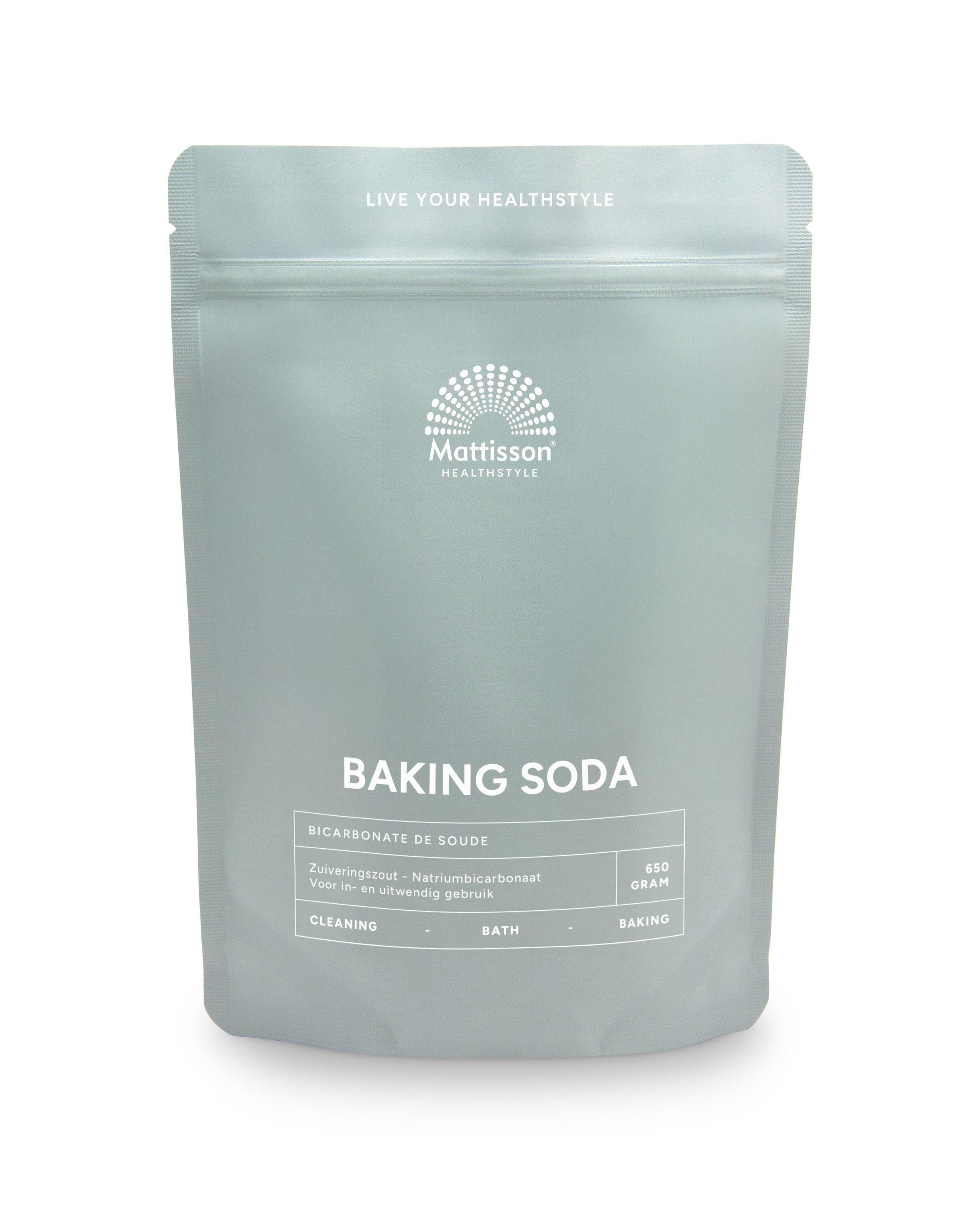 Mattisson mineral baking soda, pure sodium bicarbonate, 650g, natural cleaning and baking ingredient in a clear container.