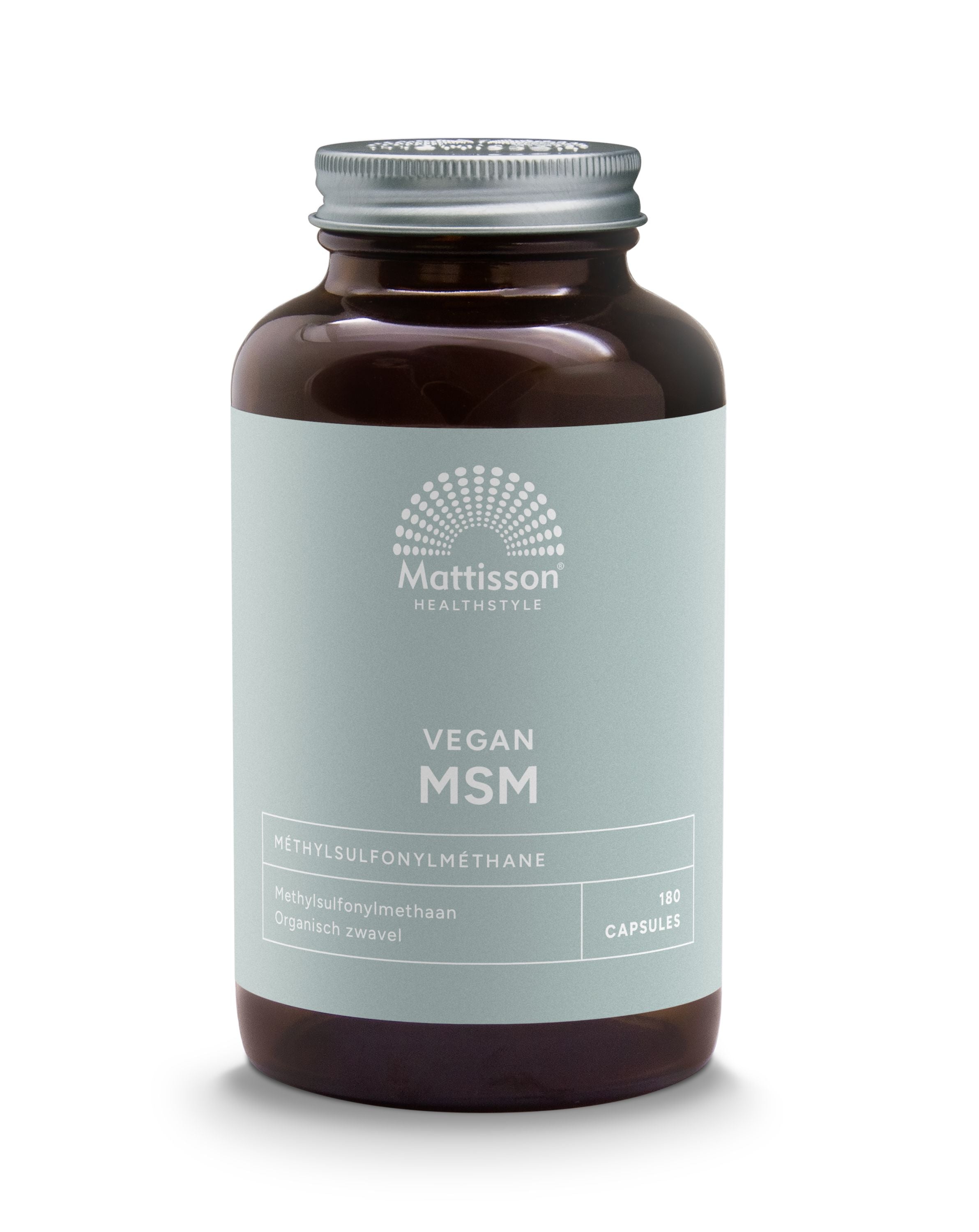 Mattisson MSM 800mg mineral capsules in a bottle, vegetarian supplement for joint and skin health.