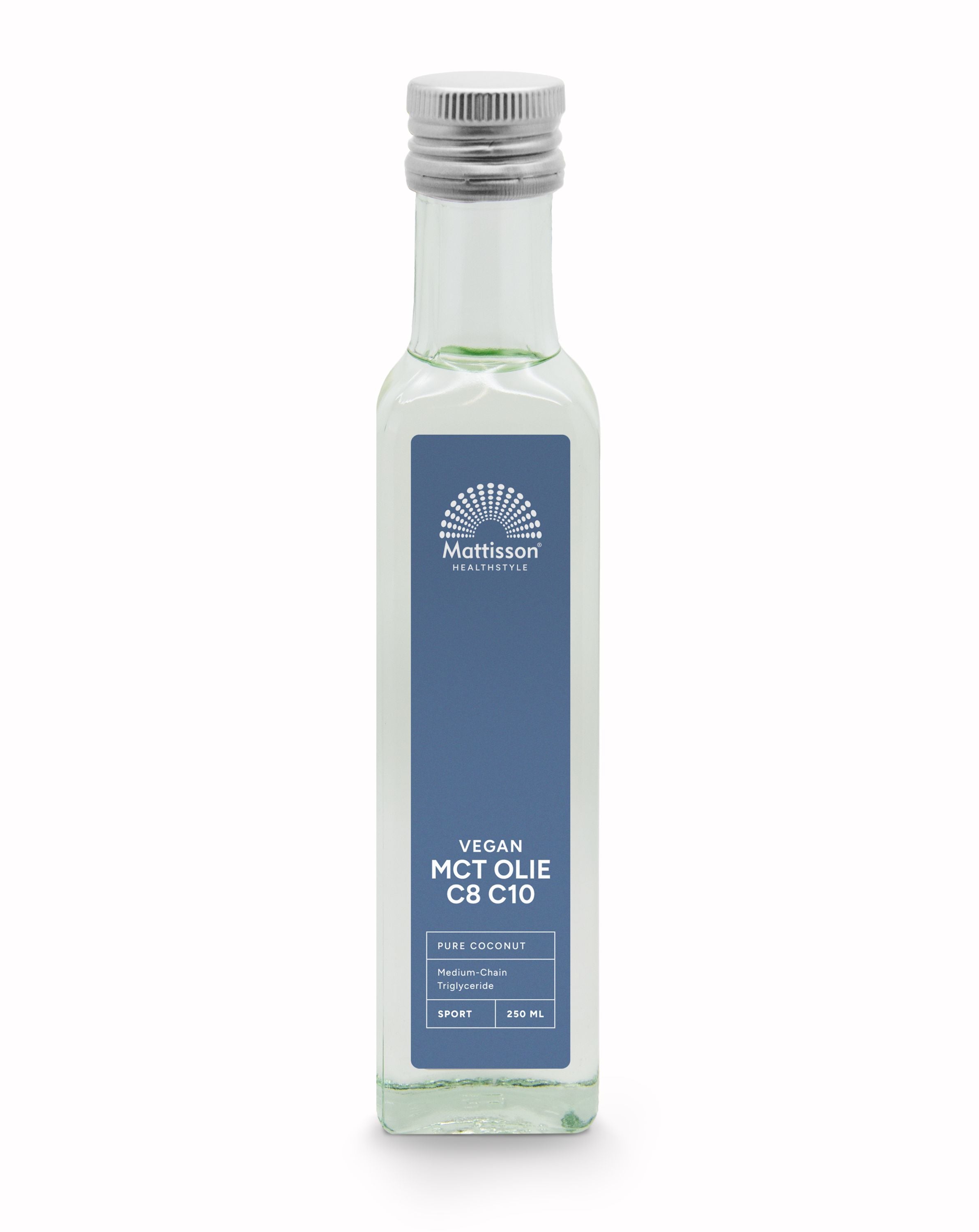 Mattisson MCT olie blend C8 and C10 in 250ml bottle, natural oil for health and energy, labeled with product details.