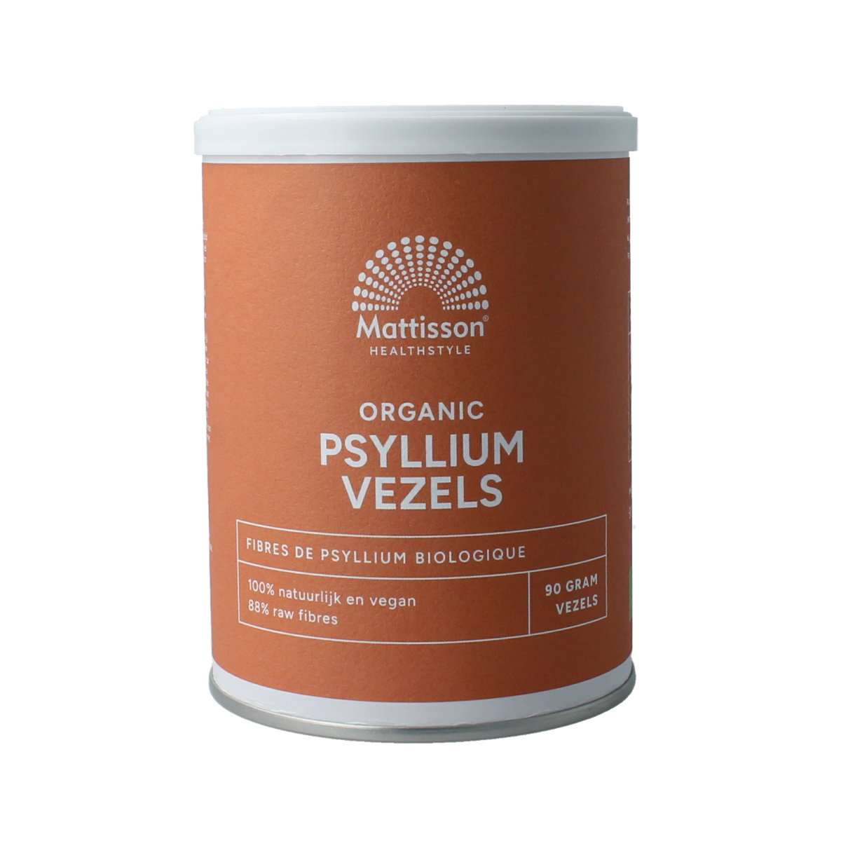 Organic Mattisson Psyllium fiber in a 90g package, herbal supplement for digestive health, with a close-up of the product label.