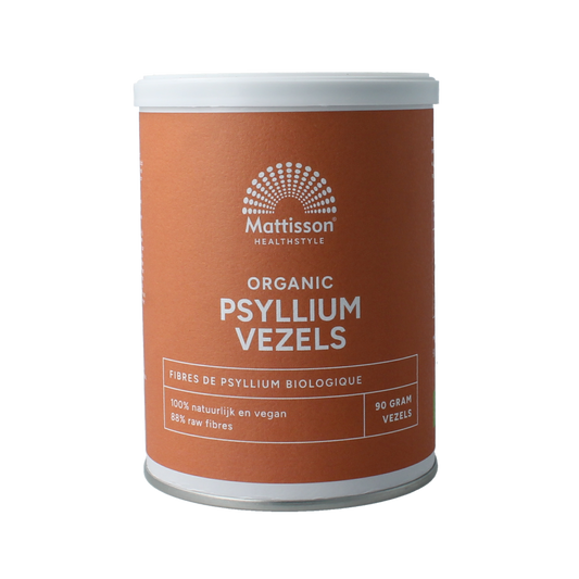 Organic Mattisson Psyllium fiber in a 90g package, herbal supplement for digestive health, with a close-up of the product label.