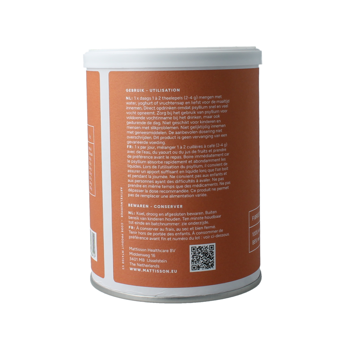 Organic Mattisson Psyllium fibers in a 90g package, herbal supplement for digestion and fiber intake.