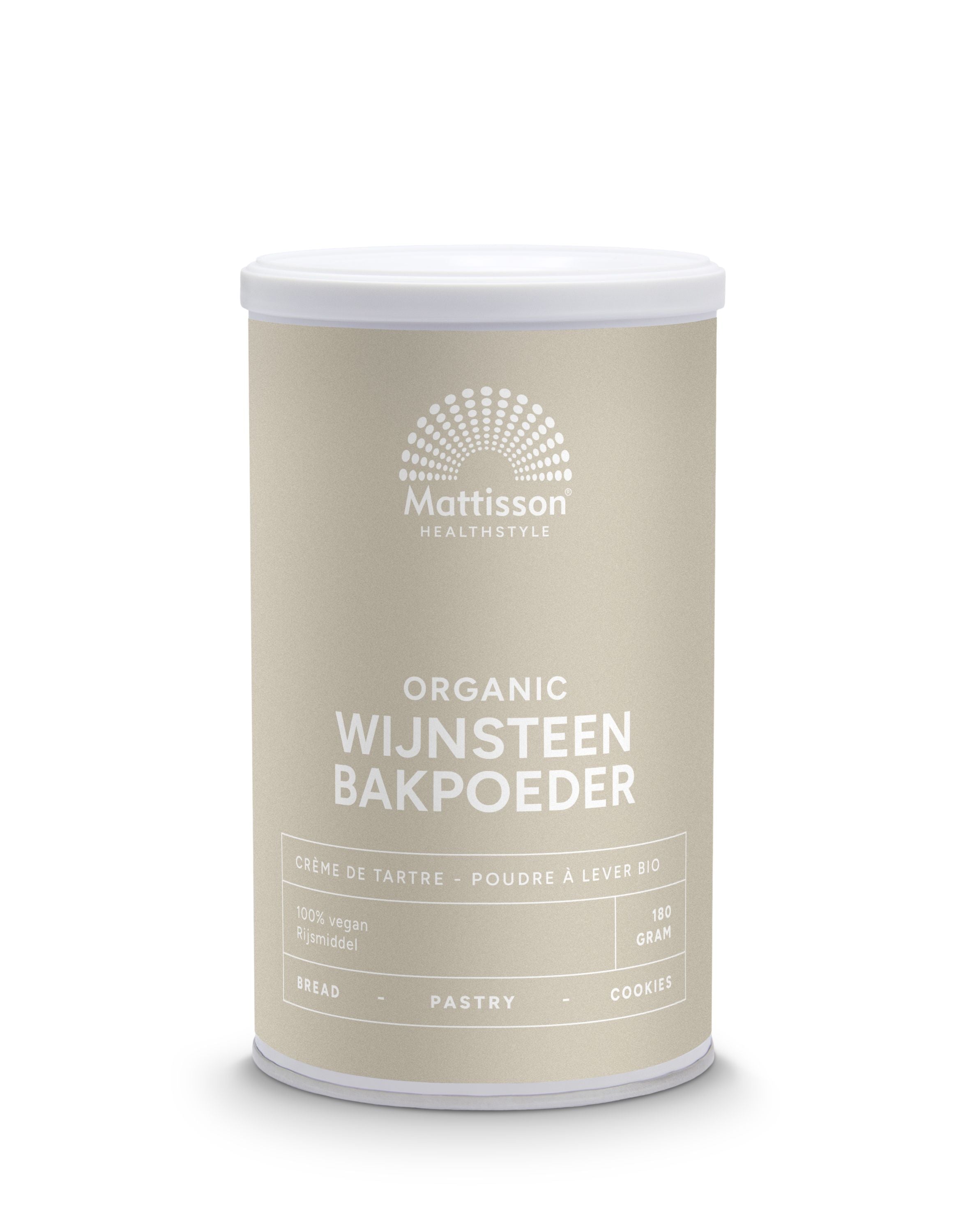 Organic Mattisson wine stone baking powder in a 180g package, shown in a close-up image of the bio baking mix.