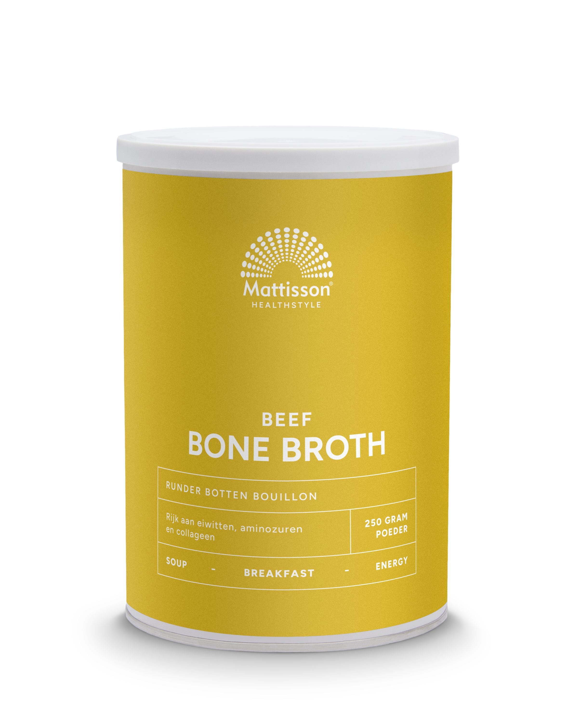Mattisson beef bone broth bouillon in 250g package, showing the container and label for soup and bouillon use.