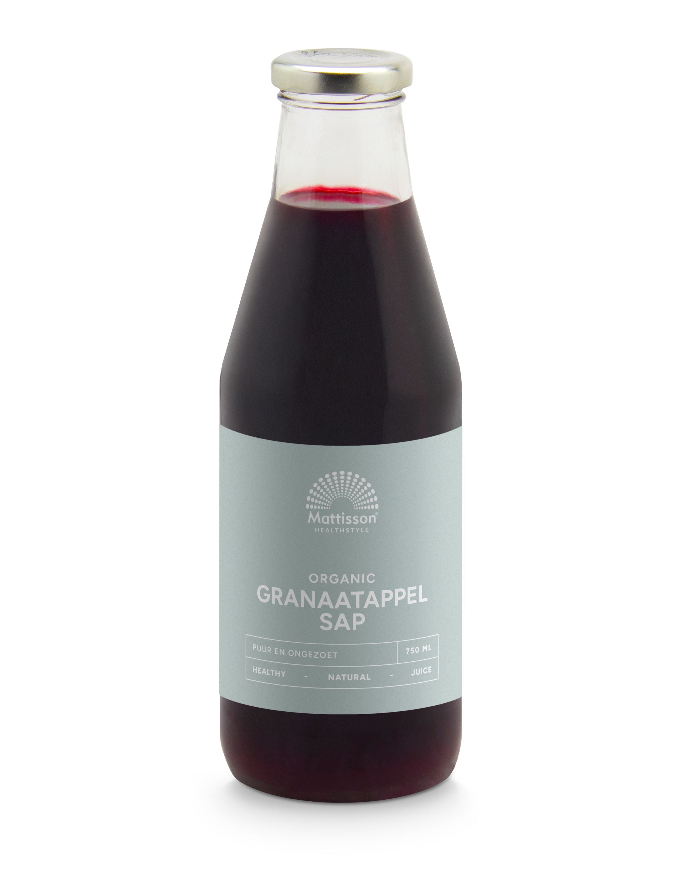 Organic pomegranate juice in a 750ml bottle by Mattisson, showcasing the vibrant, fresh fruit content.