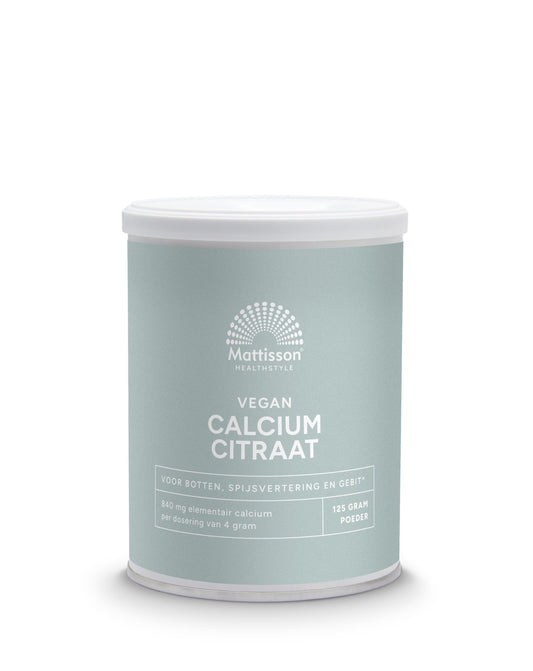 Mattisson Calcium Citraat mineral powder, 21% elemental calcium, 125g jar, natural supplement for bone health