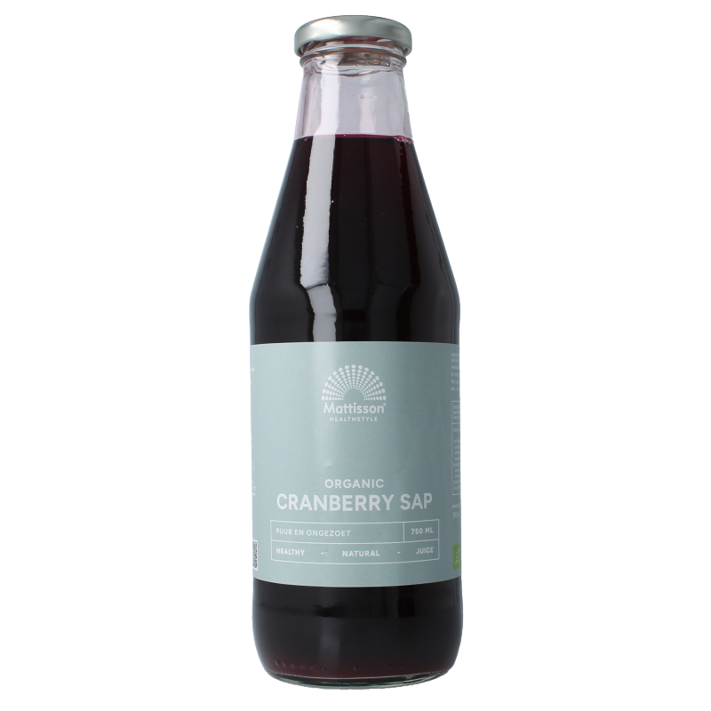 Mattisson Cranberrysap bio 750ml bottle showing the label and transparent cranberry-colored juice inside
