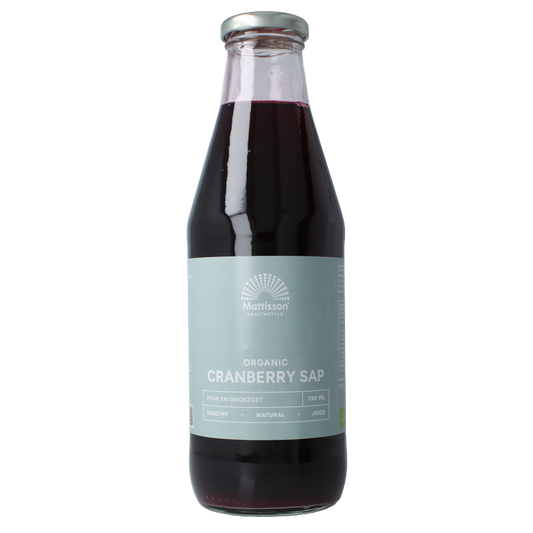 Mattisson Cranberrysap bio 750ml bottle showing the label and transparent cranberry-colored juice inside