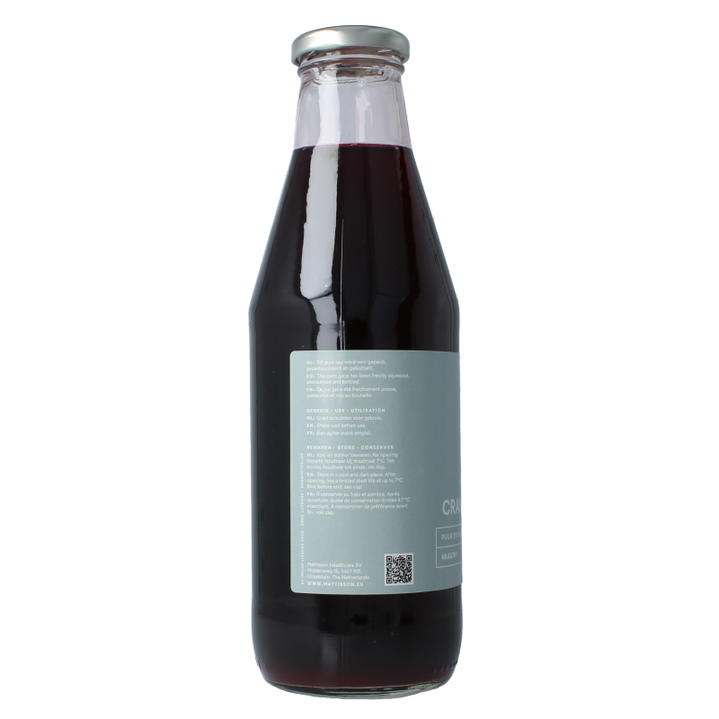 Mattisson Cranberrysap bio 750ml bottle, organic cranberry juice in a clear glass bottle, with a red label and natural cranberry images.