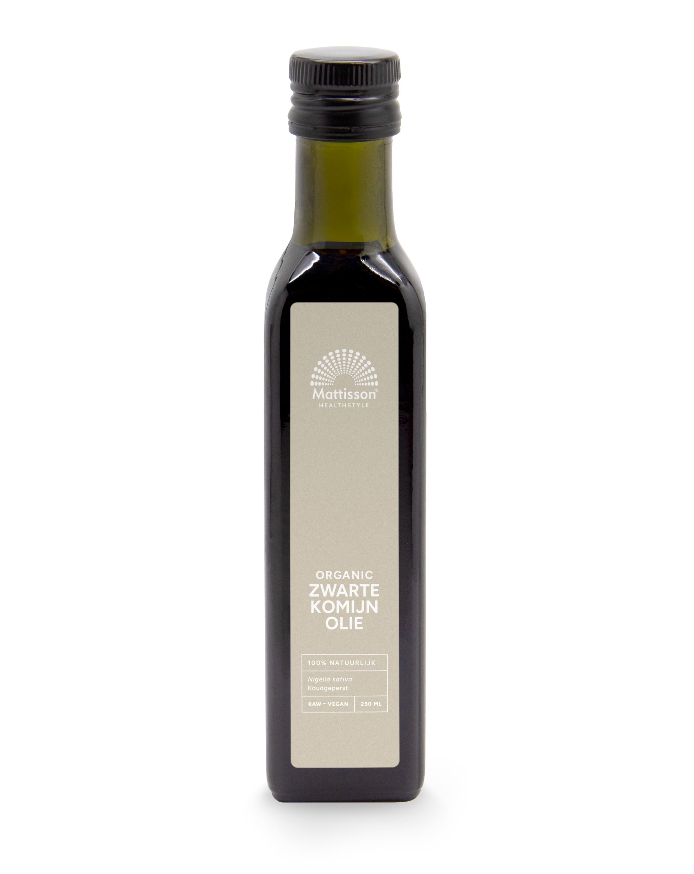 Organic black cumin oil by Mattisson in a 250ml bottle, shown in a clear container with a dark liquid inside.