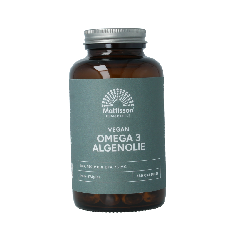 Vegan omega 3 algae oil capsules from Mattisson with DHA 150mg and EPA 75mg in a bottle.
