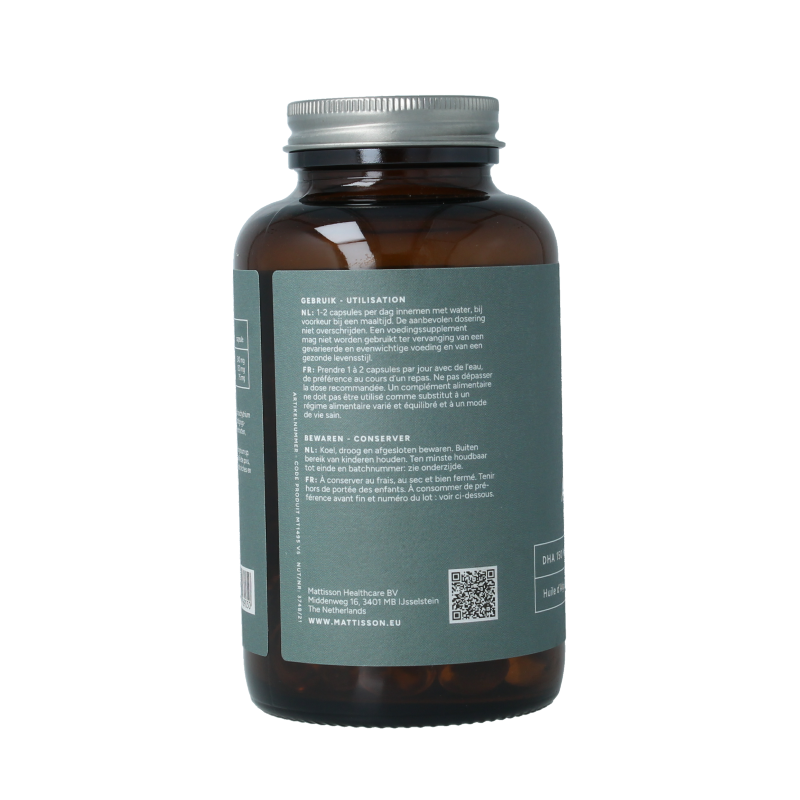 Vegan omega-3 algae oil capsules by Mattisson with DHA 150mg and EPA 75mg, 180 vegetarian softgel capsules.