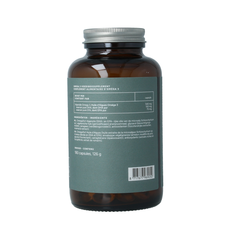 Vegan omega-3 algenolie capsules from Mattisson with DHA 150mg and EPA 75mg, vegetarian dietary supplement.