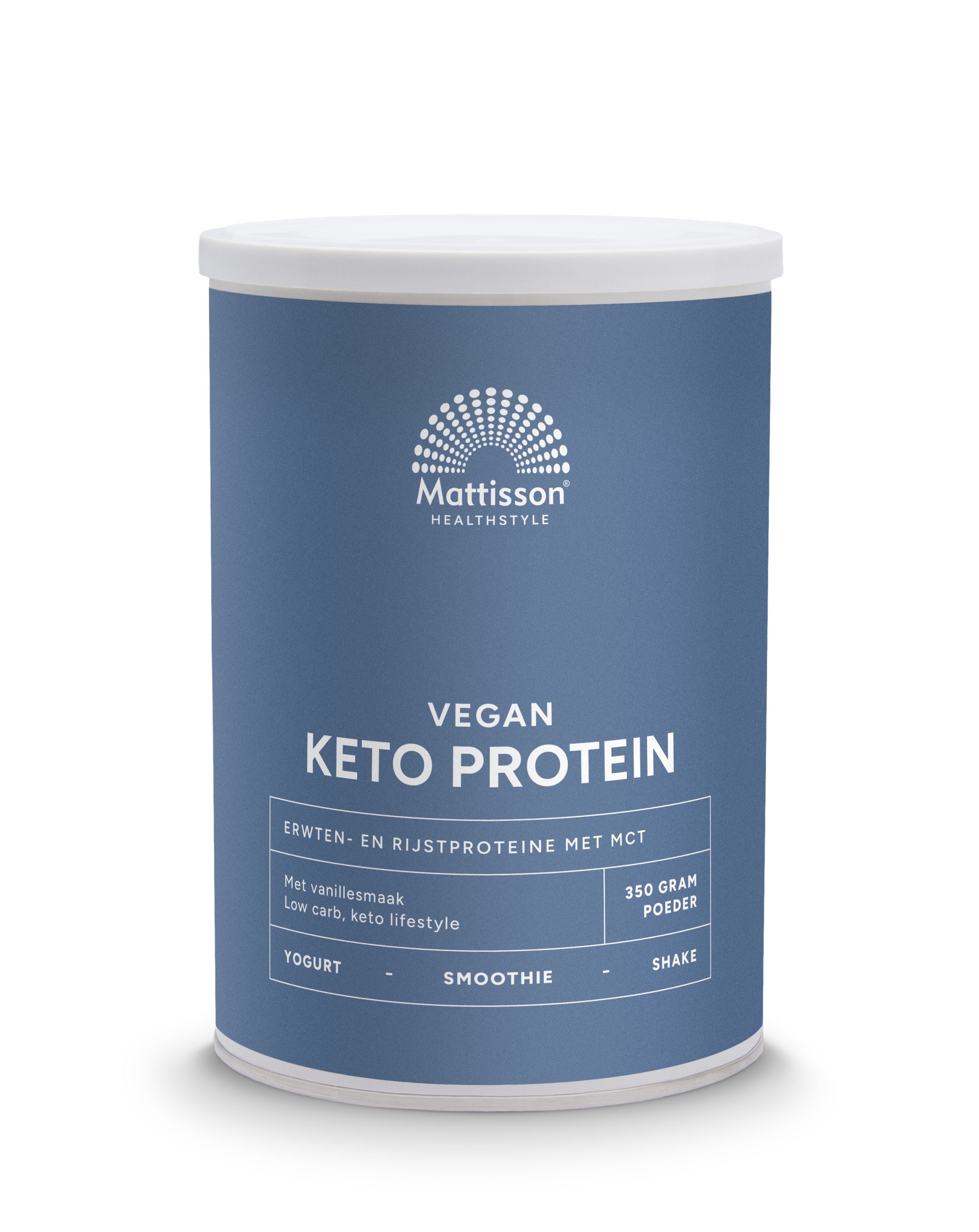 Mattisson Vegan Keto protein shake with pea, rice, and MCT in 350g package, showing the product container and label.