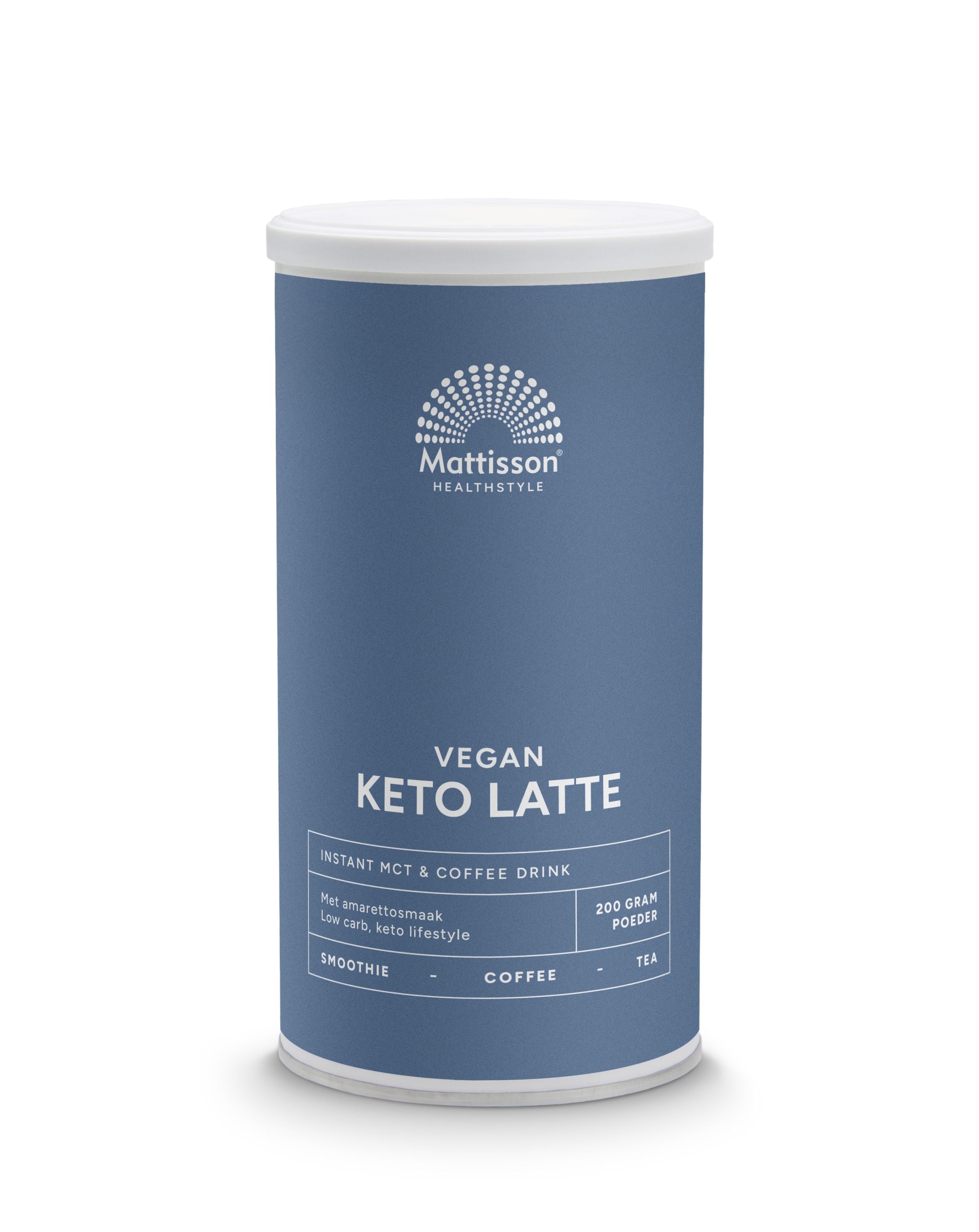 Mattisson Vegan Keto Latte instant coffee and MCT drink in a 200g package, creamy and rich keto-friendly beverage.