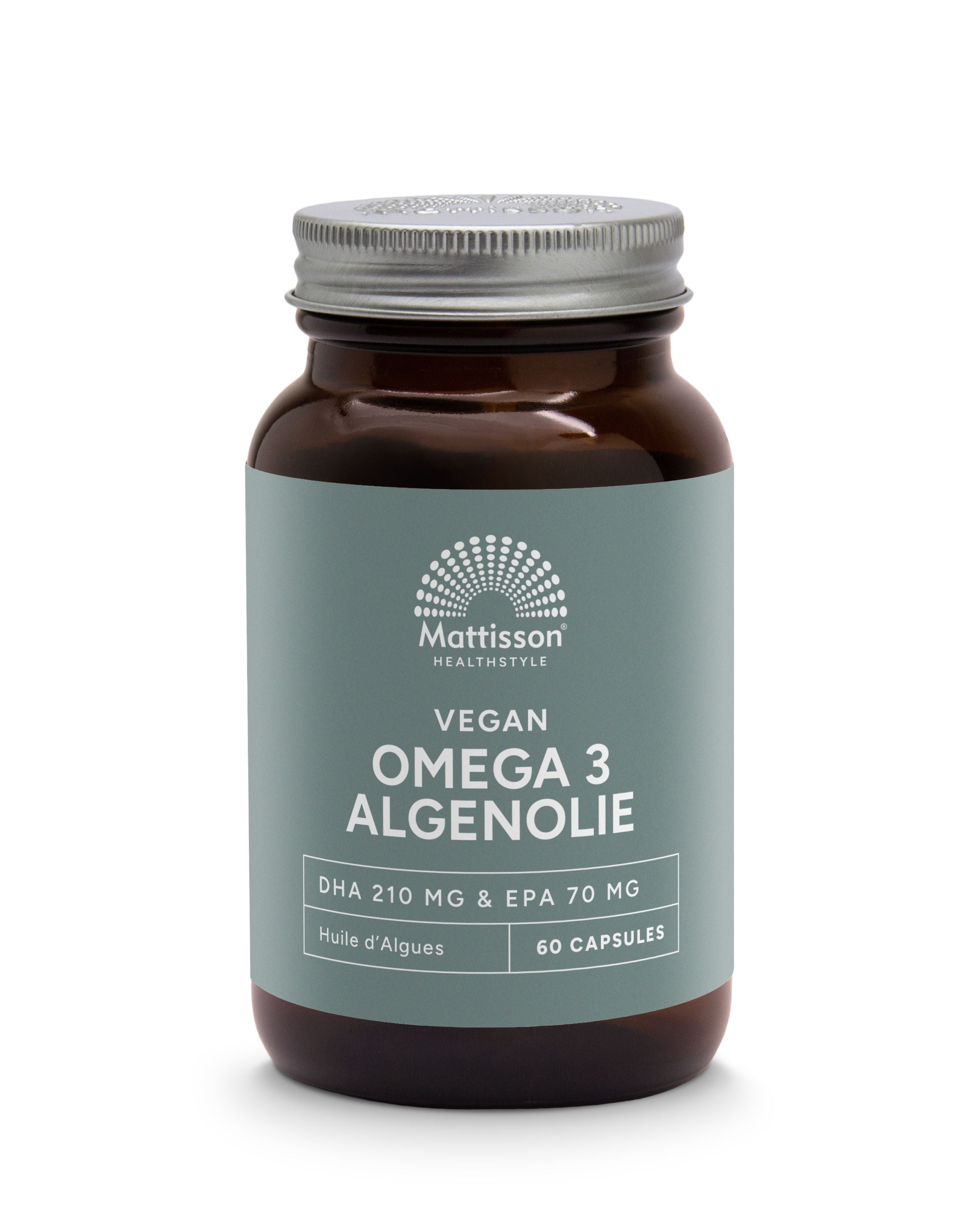 Vegan omega-3 algae oil capsules by Mattisson, containing DHA and EPA, in vegetarian softgel form.
