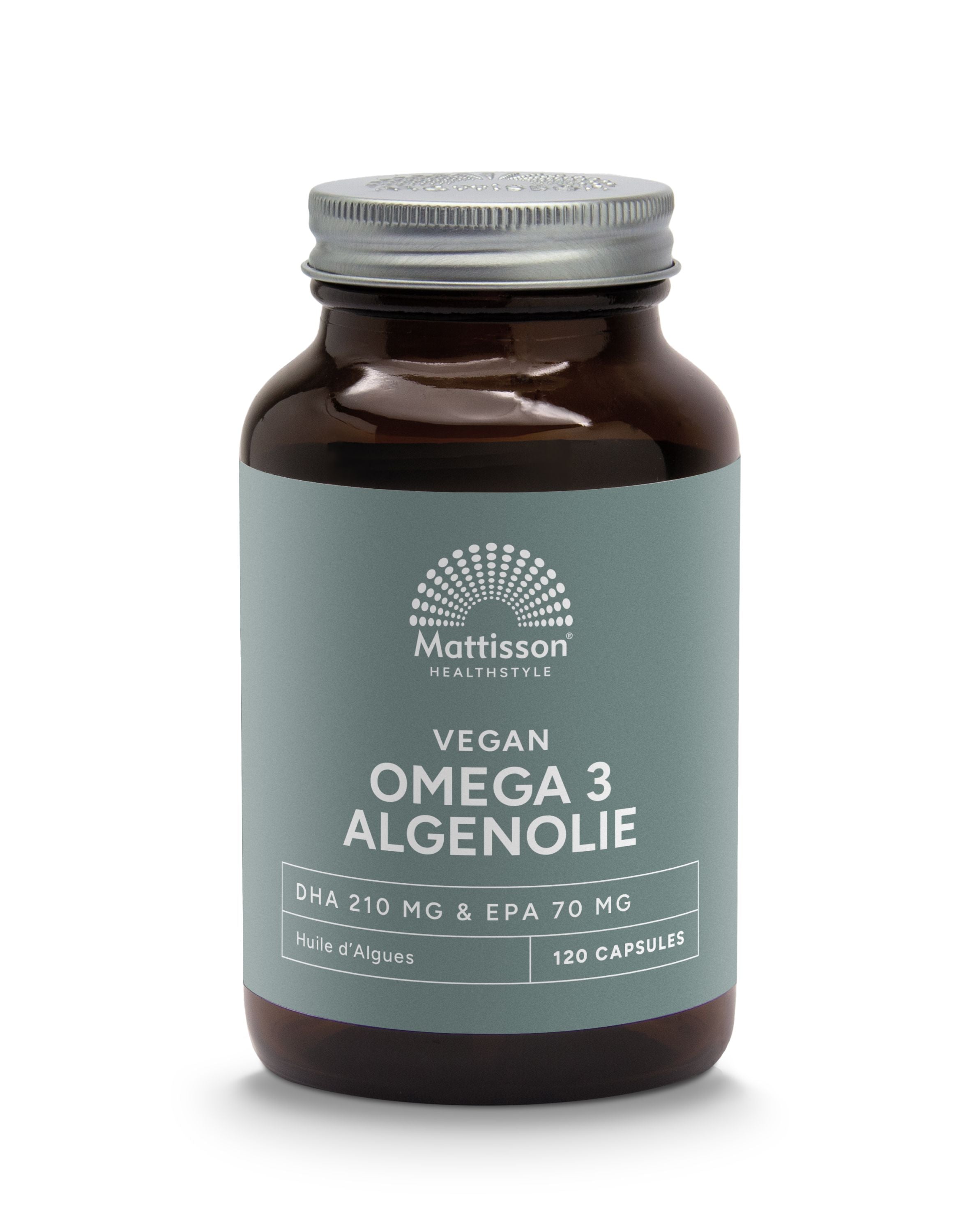 Mattisson Vegan omega-3 algenolie capsules with DHA 210mg and EPA 70mg, vegetarian supplement in a bottle.