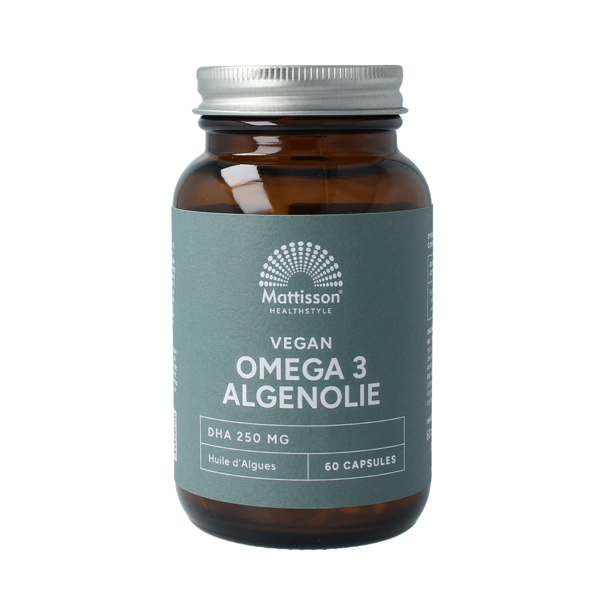 Mattisson Vegan omega-3 algae oil DHA 250mg vegetarian capsules, close-up of the supplement bottle and capsules.
