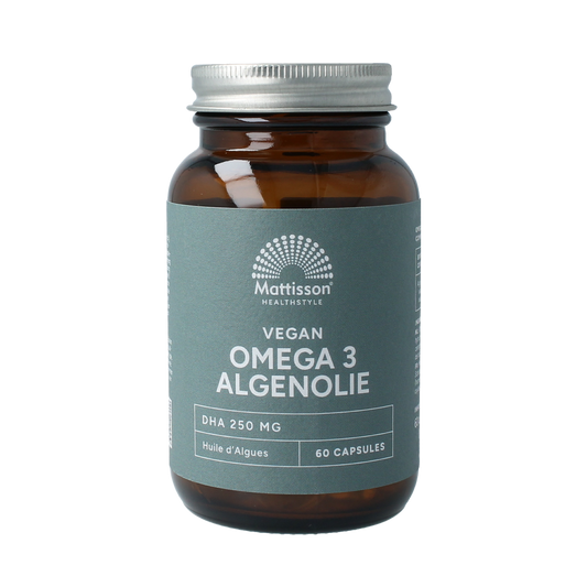Mattisson Vegan omega-3 algae oil DHA 250mg vegetarian capsules, close-up of the supplement bottle and capsules.