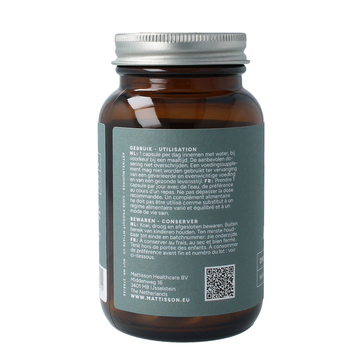 Vegan omega-3 algae oil capsules by Mattisson, DHA 250mg, vegetarian dietary supplement in a clear bottle with capsules.