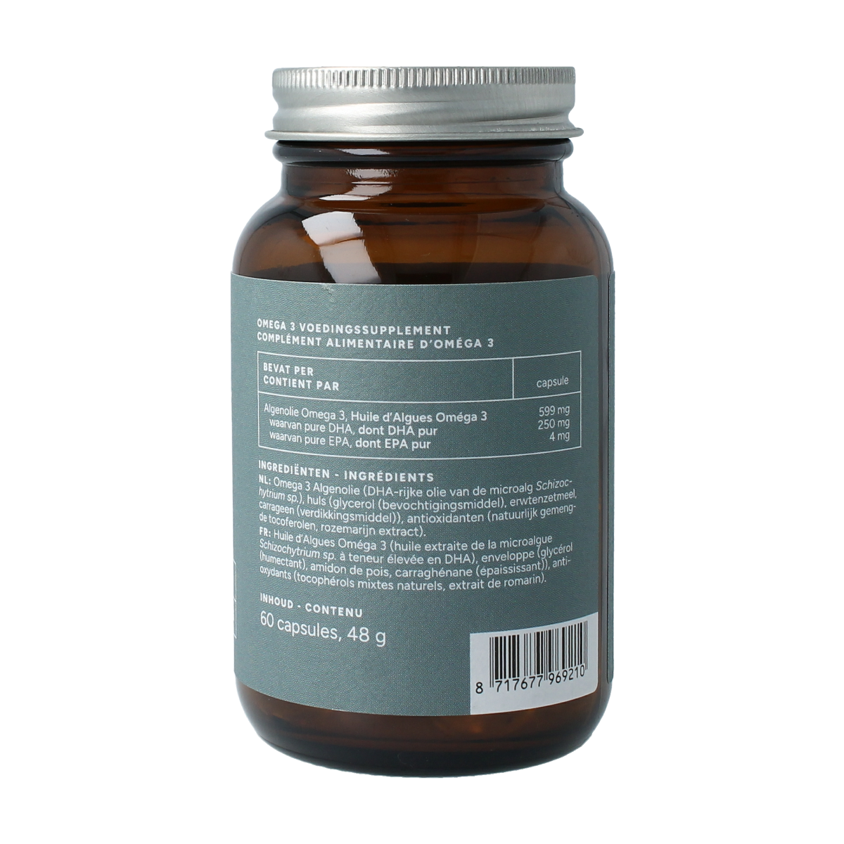 Mattisson Vegan Omega-3 DHA 250mg vegetarian capsules, algae oil supplement, close-up of the product packaging.