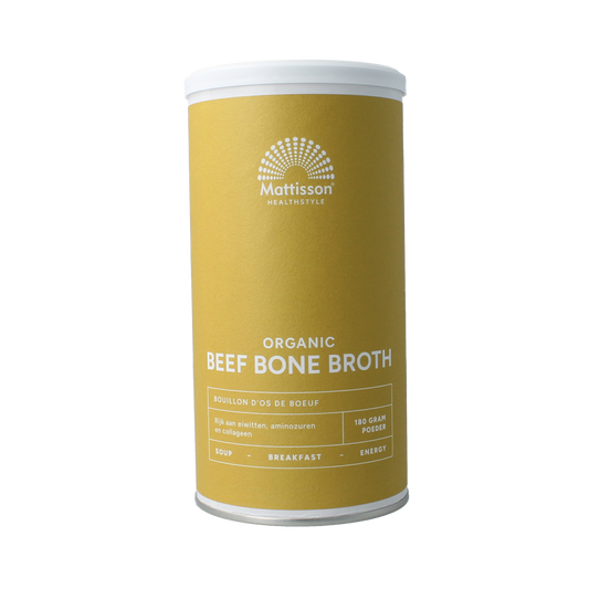 Mattisson organic beef bone broth in 180g package, natural bio bouillon with beef flavor, fresh and wholesome appearance.