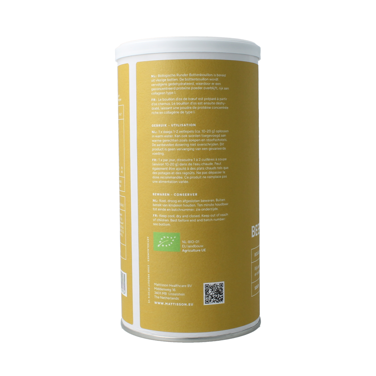 Mattisson Organic beef bone broth in 180g jar, showing the label and product packaging for natural, high-quality beef broth.