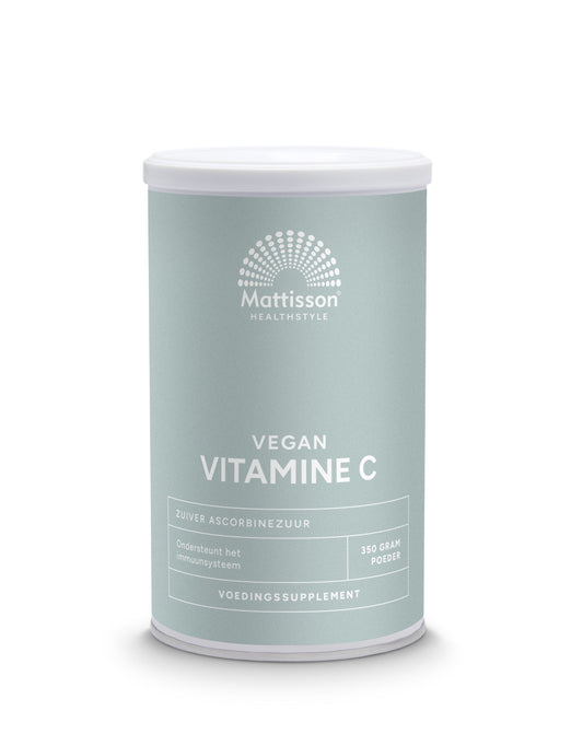 Mattisson Vitamin C powder in 350g jar, pure ascorbic acid supplement, close-up of the white powder in a container.