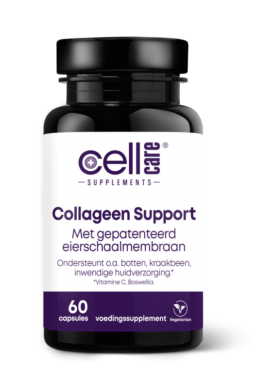 CellCare collagen support capsules, dietary supplement in a clear bottle with 60 capsules, natural health product.