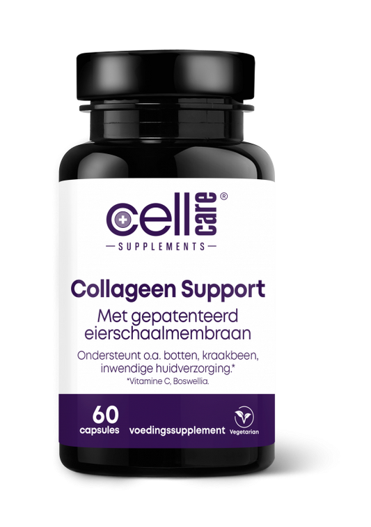 CellCare collagen support capsules, dietary supplement in a clear bottle with 60 capsules, natural health product.