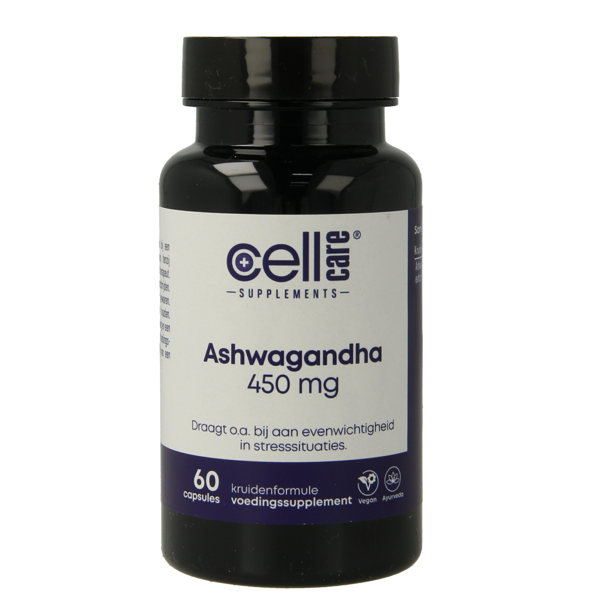 CellCare Ashwagandha 450mg capsules in a bottle, herbal supplement for stress relief and overall wellness.