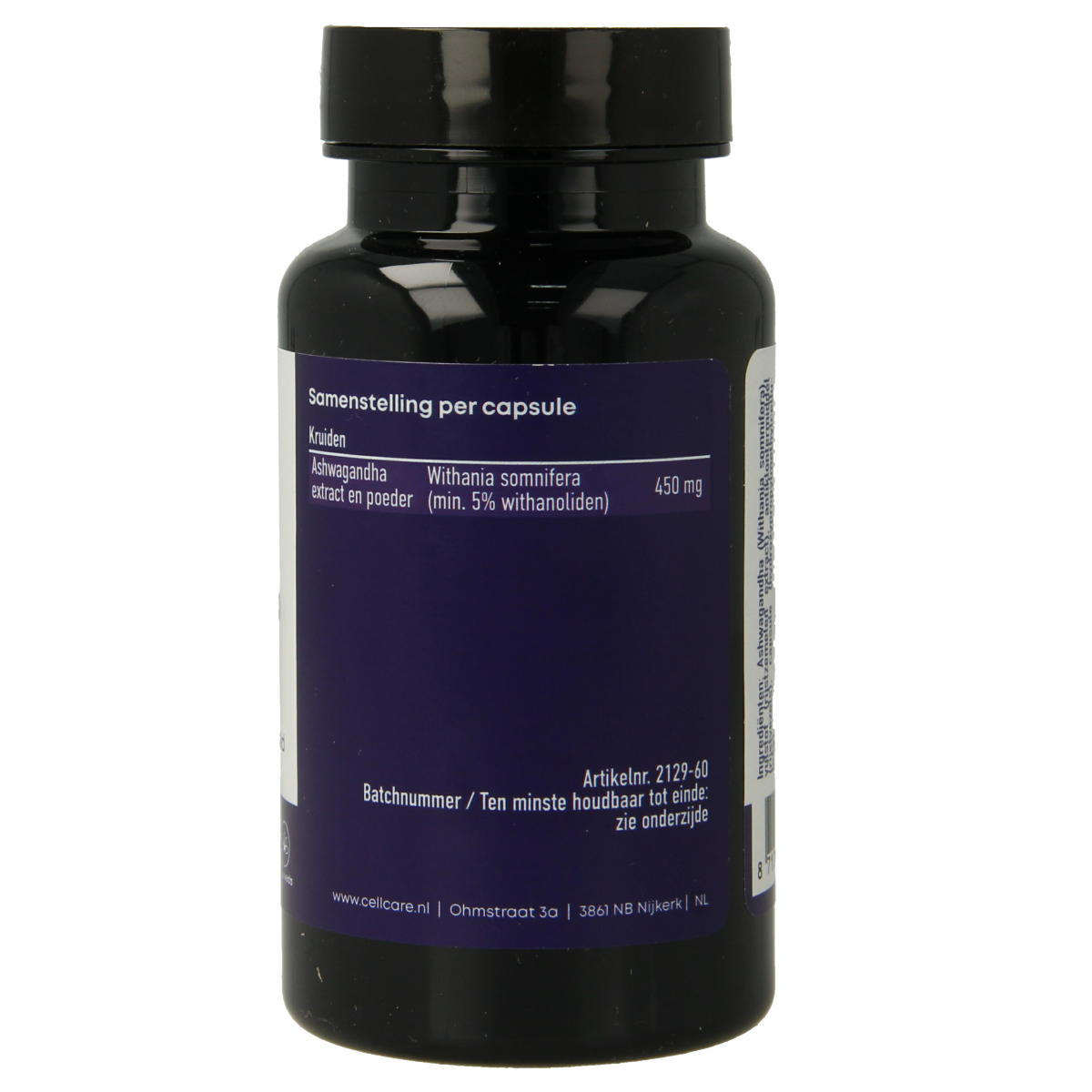 CellCare Ashwagandha 450mg herbal capsules in a bottle, natural supplement for stress relief and wellness.