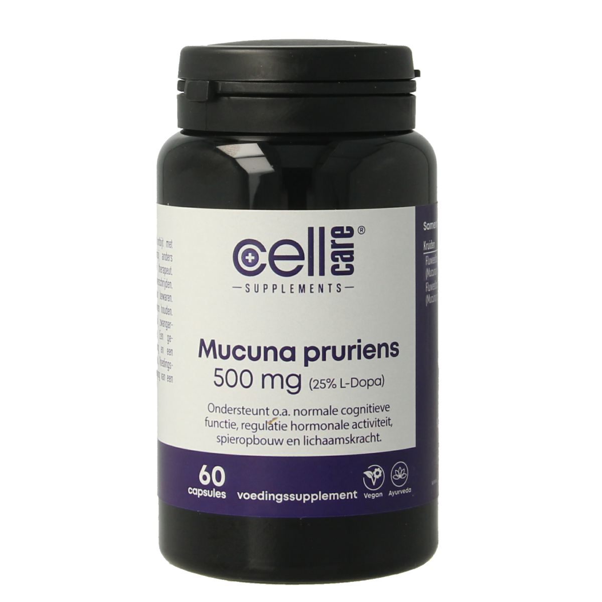 CellCare Mucuna pruriens 500mg capsules, herbal supplement with 25% L-dopa, displayed in a bottle with capsules.