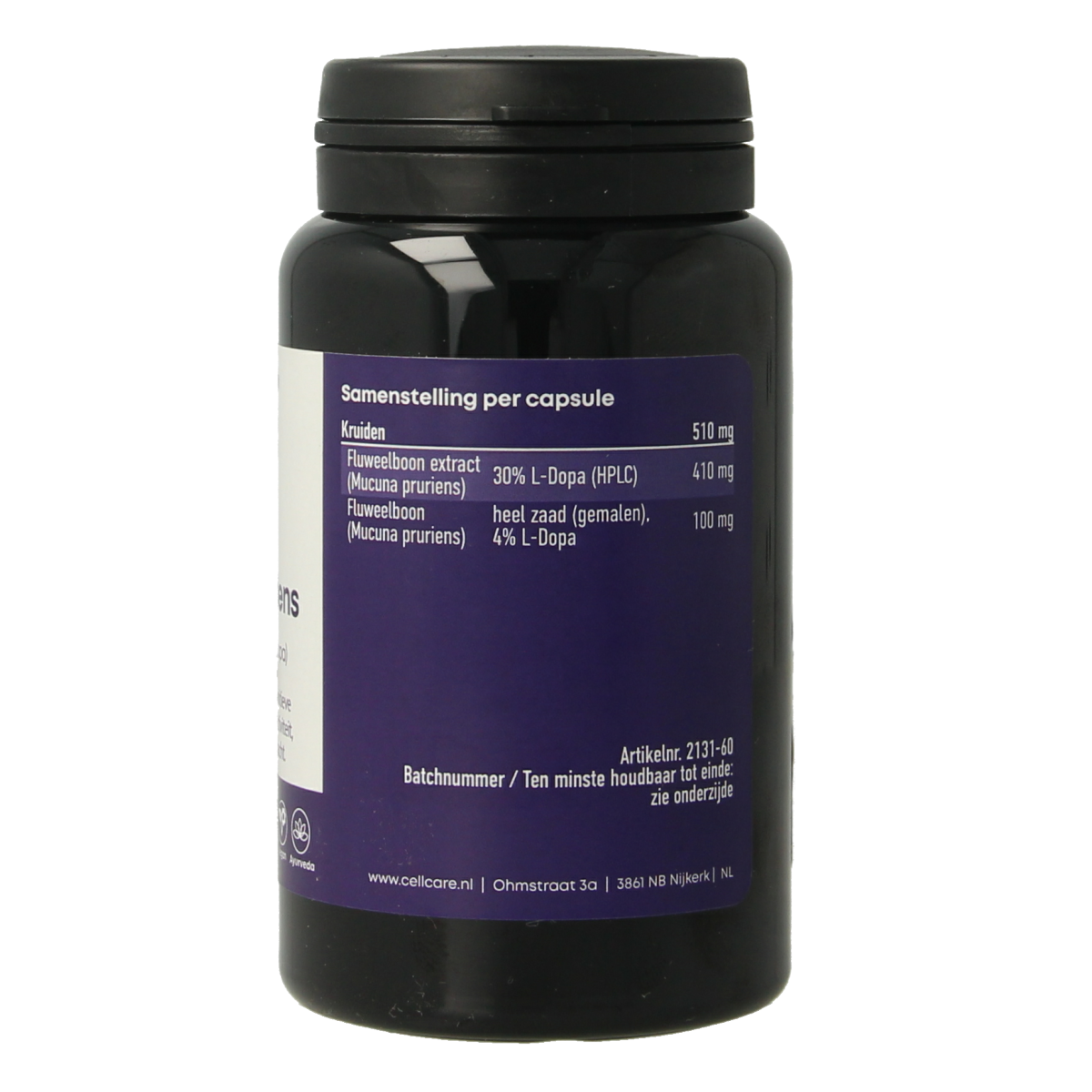 CellCare Mucuna pruriens 500mg capsules with 25% L-dopa, natural herbal supplement in a bottle of 60 capsules.