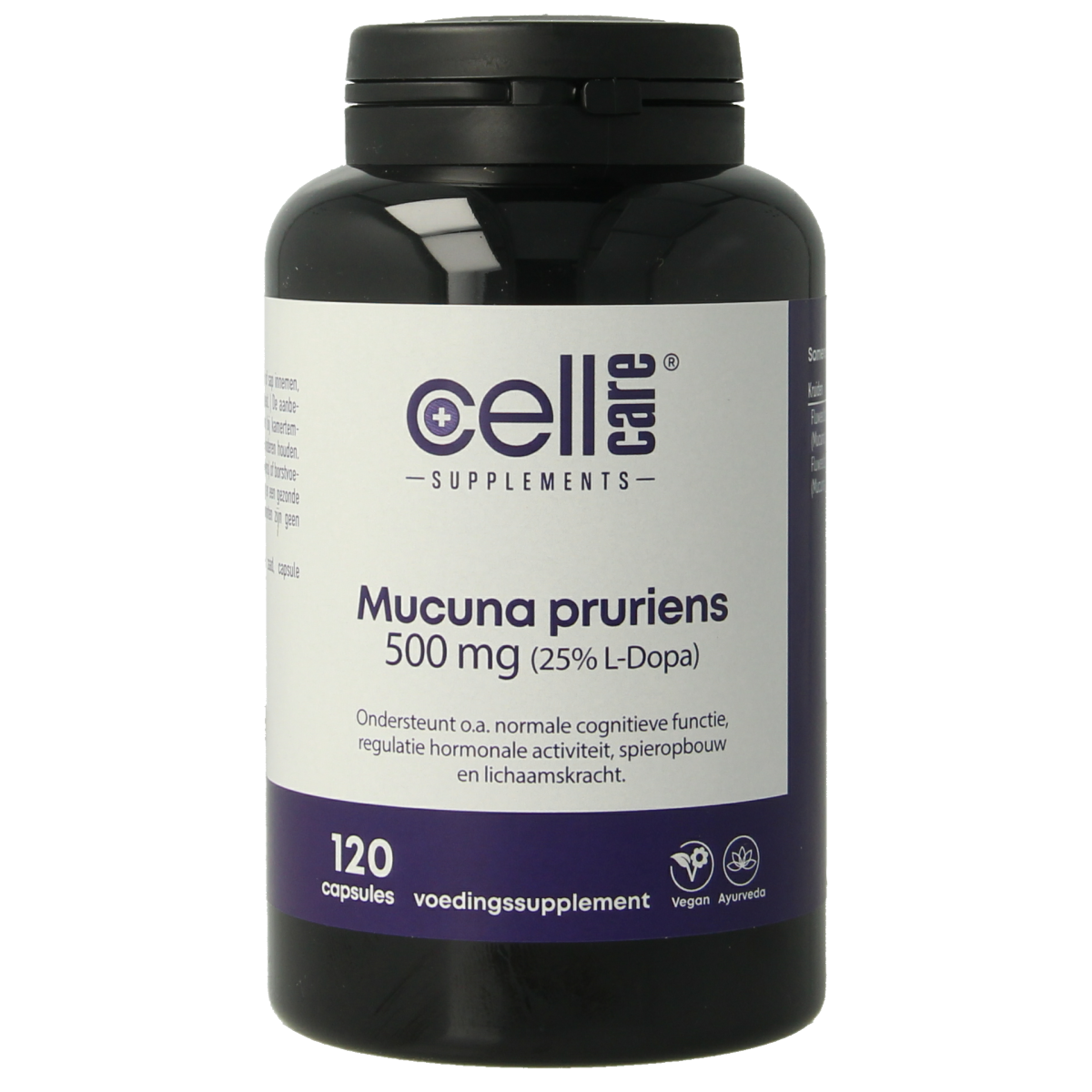 CellCare Mucuna pruriens 500mg capsules showing a bottle with 120 capsules, herbal supplement for L-dopa support.