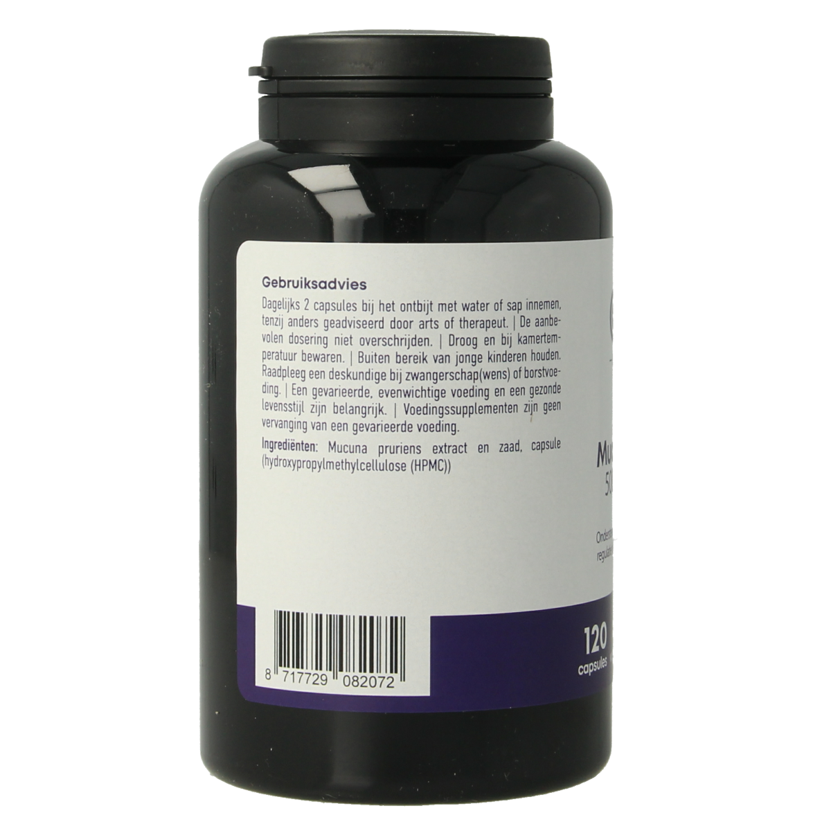 CellCare Mucuna pruriens 500mg capsules, herbal supplement with 25% L-dopa, shown in a bottle with capsules.