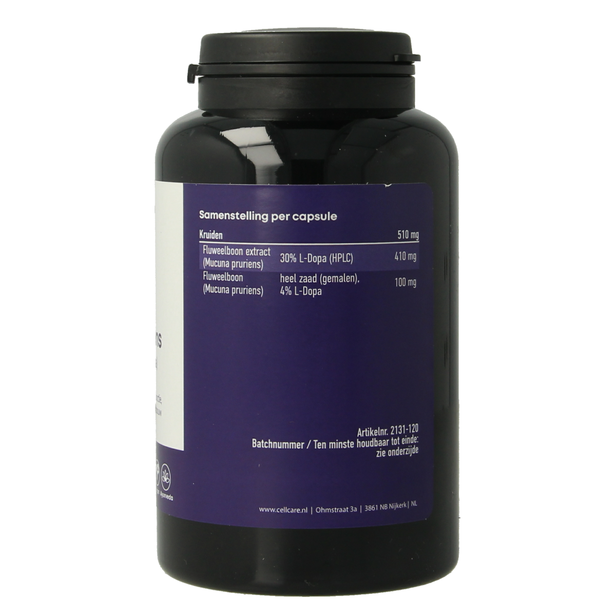 CellCare Mucuna pruriens 500mg capsules with 25% L-dopa, herbal supplement, 120 capsules, natural herbal product.
