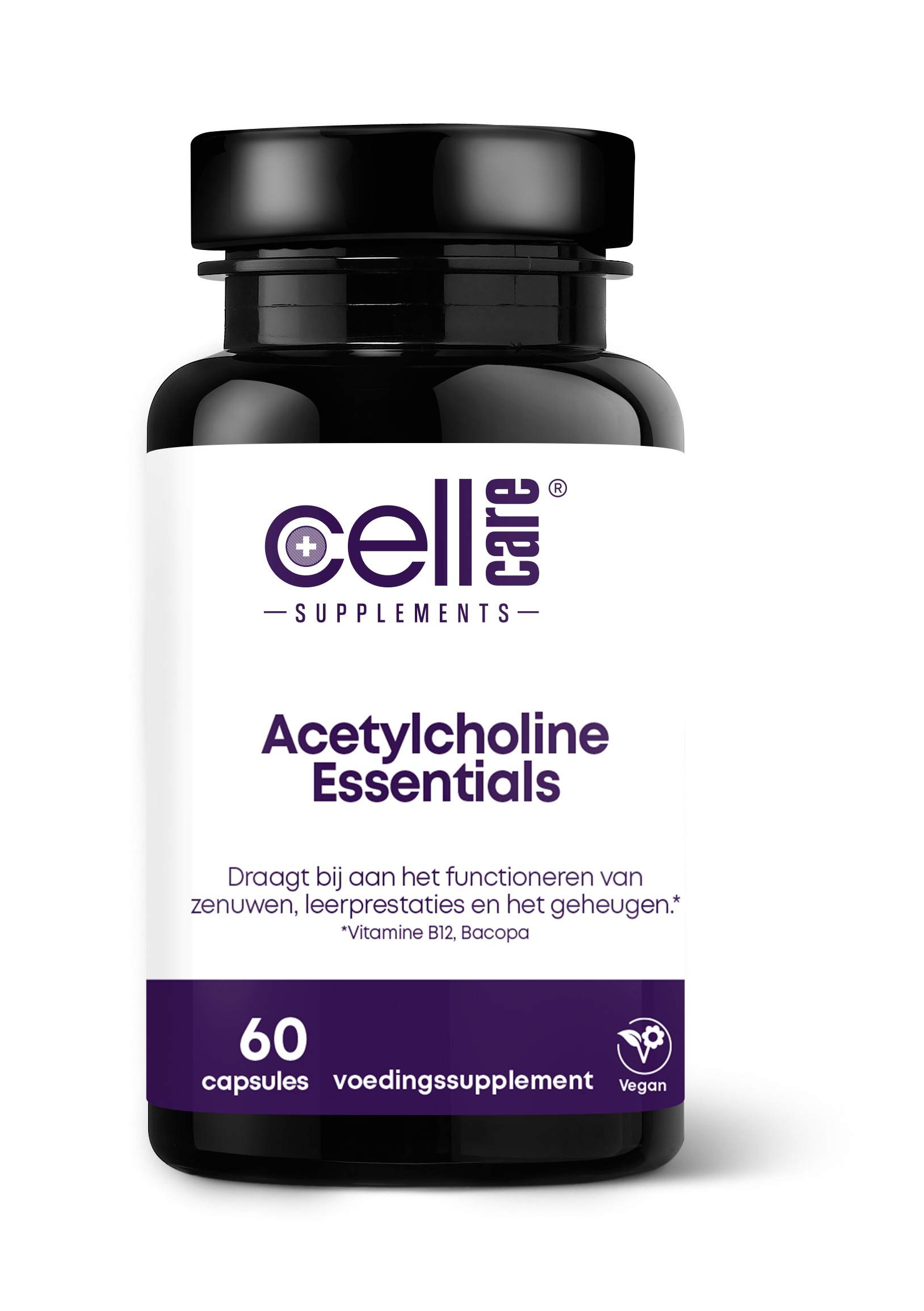 CellCare Acetylcholine essentials mineral supplement in a bottle of 60 capsules, designed to support cognitive health.