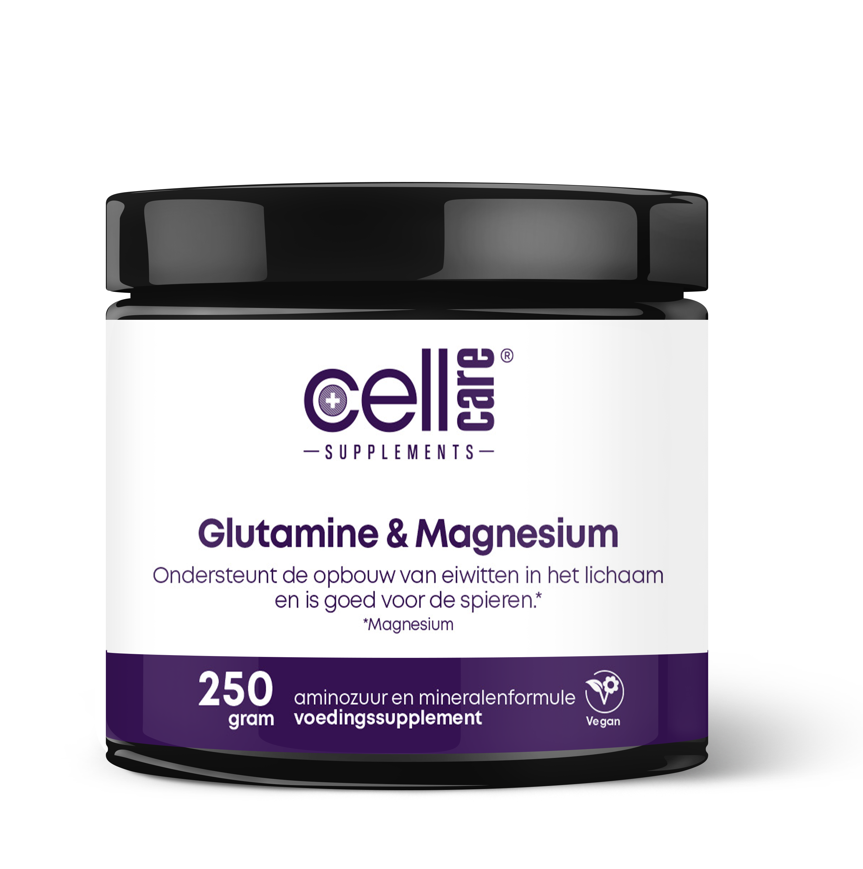 CellCare Glutamine and magnesium mineral supplement in a 250g container, showing the product label and packaging.